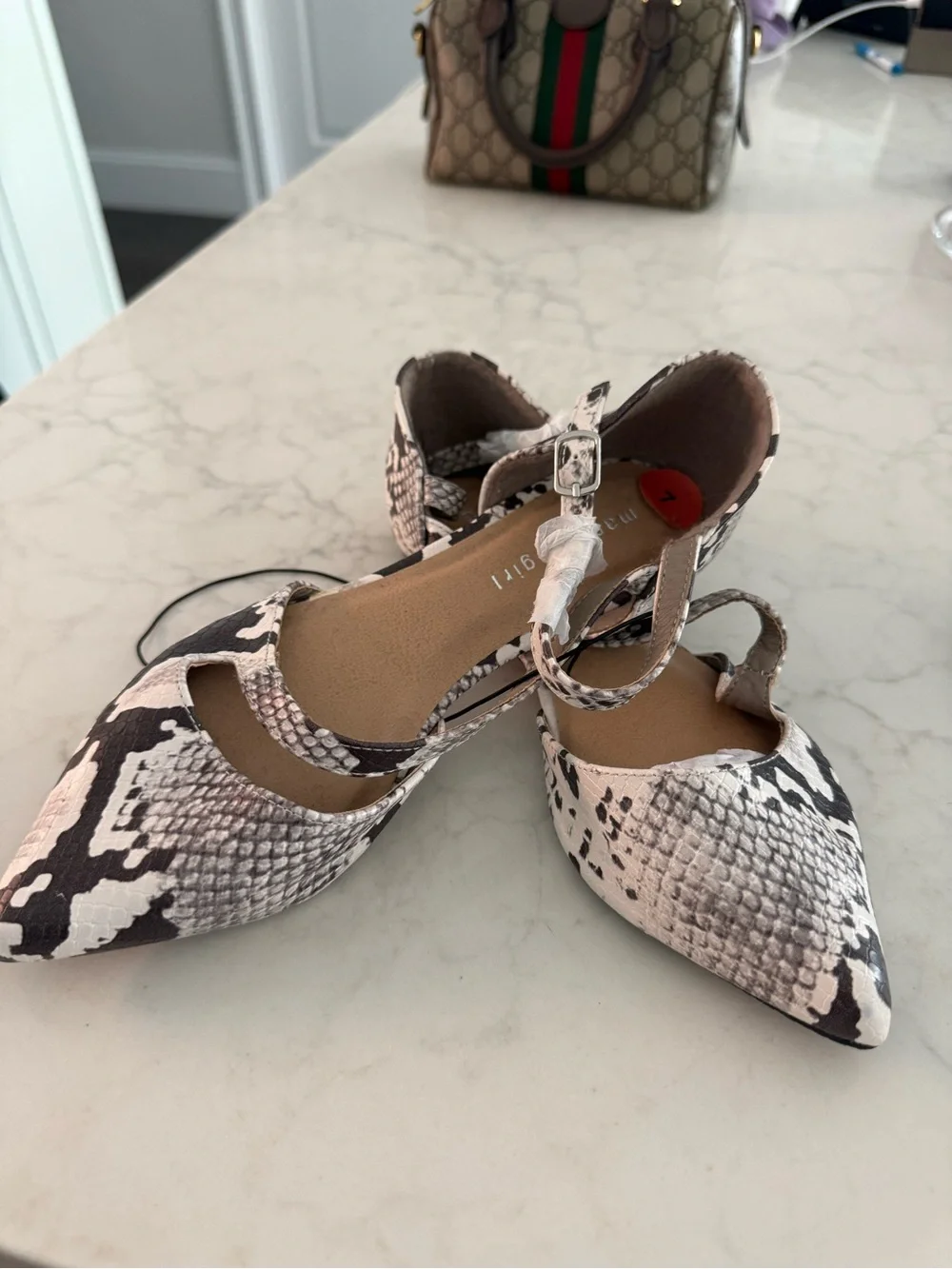 Women's Madden Girl Pointed Snake-Print Ankle-Strap Flats in Black & White